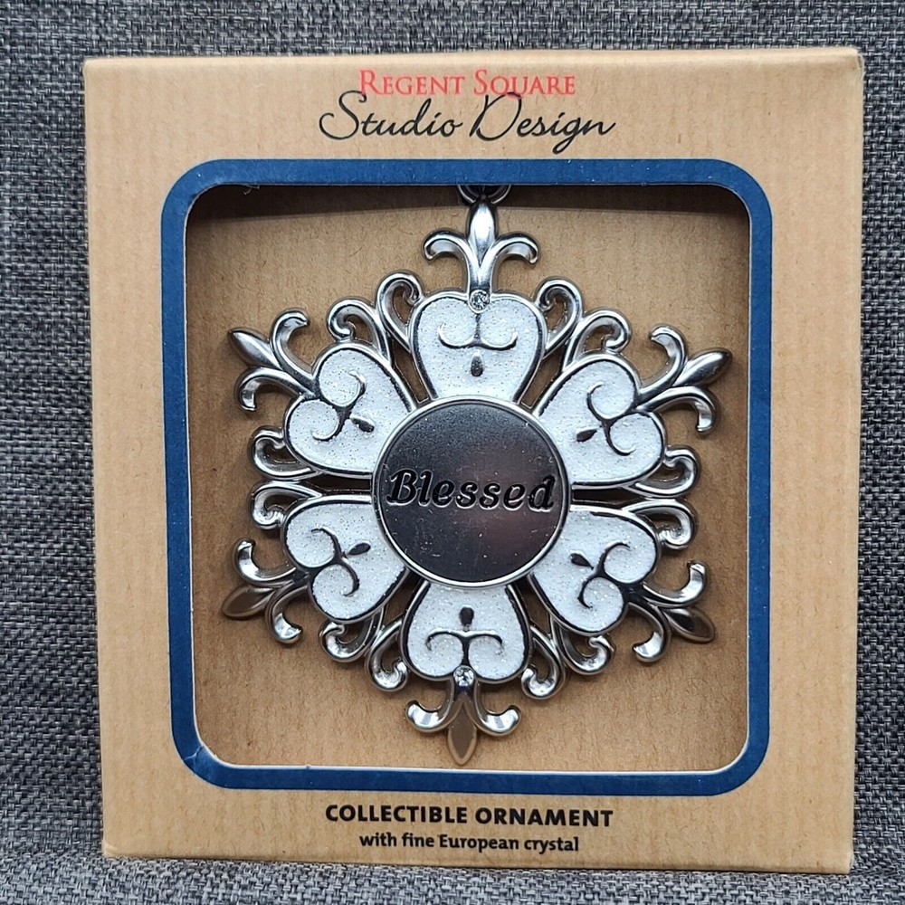 Regent Square Starburst "Blessed" Ornament 2.75" Silvertone/White NEW